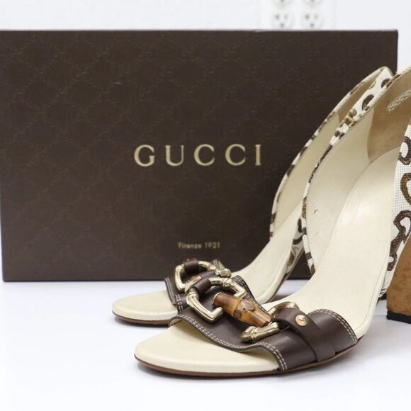 GUCCI Horsebit Accent Canvas Slingback Sandals Size 8 US/38 EU - Picture 1 of 15